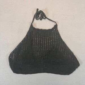 Moda International Crochet Crop Tank Top Sz Lg Halter High Neck Knot Vtg VS Rami